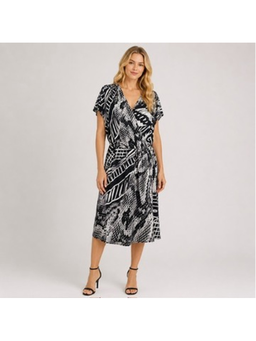 Chicos Tiffany Faux Wrap Dress Black White Geo Snake Print Size Midi 3 = XL